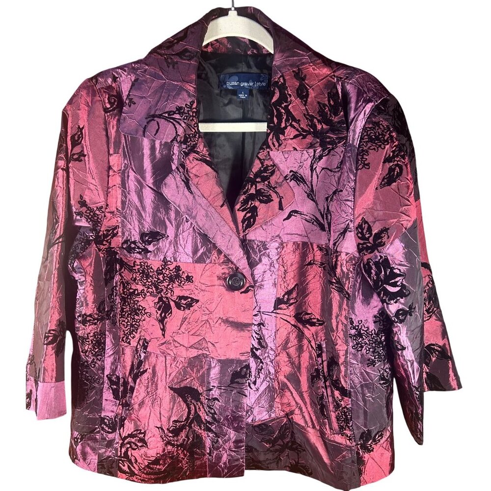 Womens L Floral Crushed Velvet Patchwork Jacket Black & Purple Fairy Whimsy
